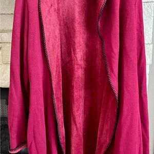 Stylish Red Denim&Co Open Front Fleece Tunic Cardigan